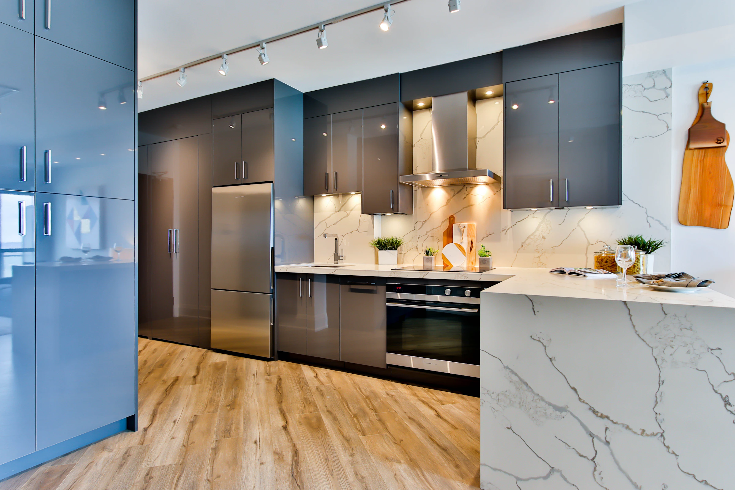 Modern kitchen with clean surfaces and organized cabinets